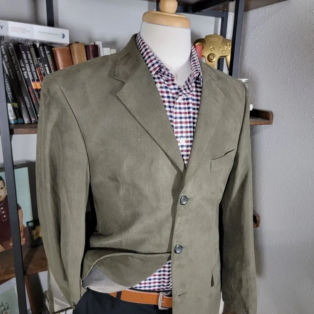 Stafford‎ Essentials Men's Sport Coat Three Button Olive Herringbone Poly Sz 40R